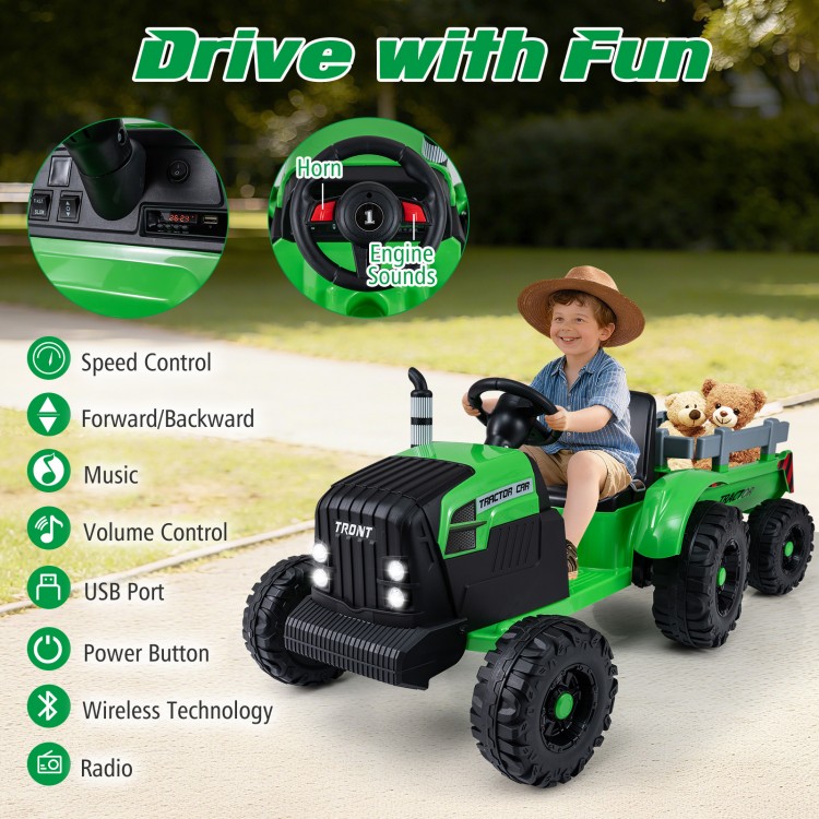 24V Ride On Tractor for Kids in green with detachable trailer, remote control, and realistic engine sounds for outdoor.