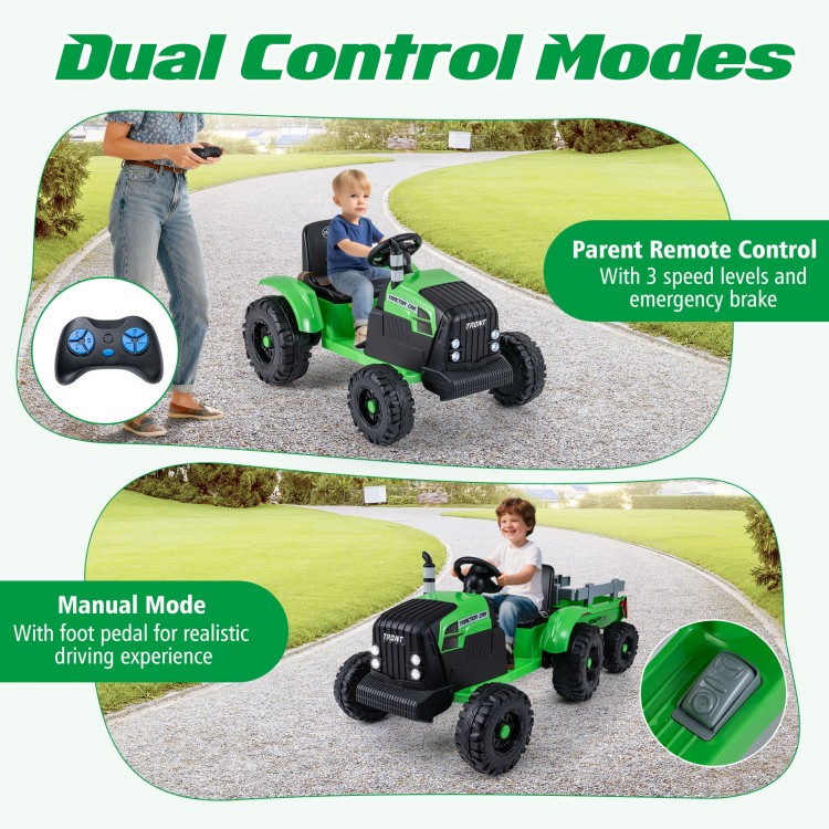 24V Ride On Tractor for Kids in green with detachable trailer, featuring remote control and manual driving modes.