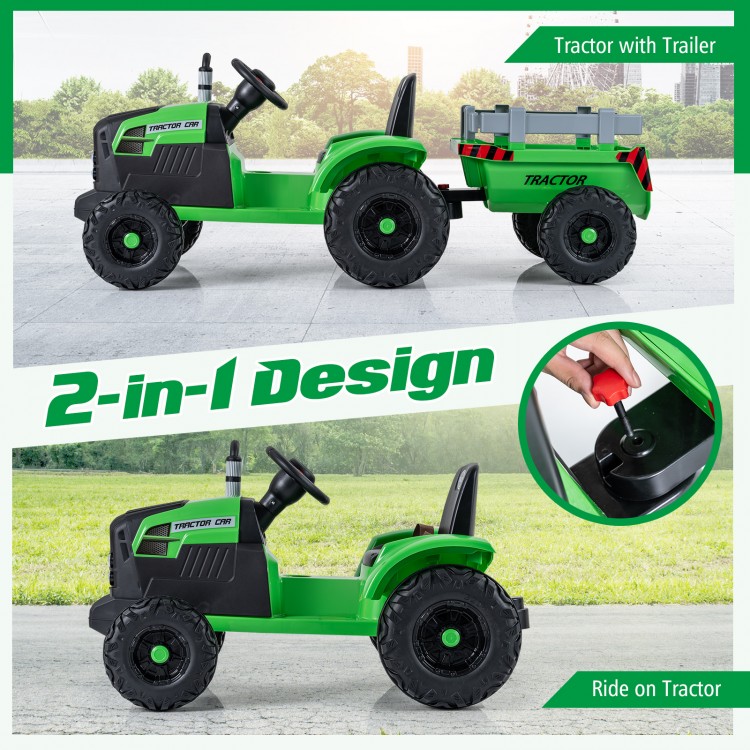 Green 24V ride-on tractor with detachable trailer, featuring parent remote control and dual motors for outdoor fun.