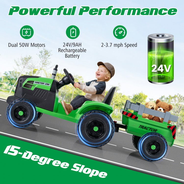 Green 24V ride-on tractor for kids with detachable trailer, remote control, and dual motors for outdoor adventures.