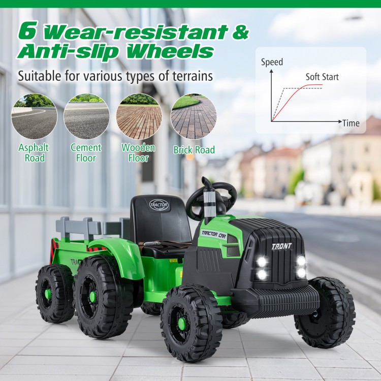 Green 24V ride-on tractor for kids with detachable trailer, remote control, and 6 anti-slip wheels for various terrains.