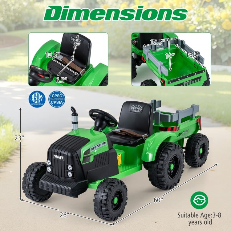 Green 24V Ride On Tractor for Kids with detachable trailer, remote control, and 6 anti-slip wheels for outdoor fun.