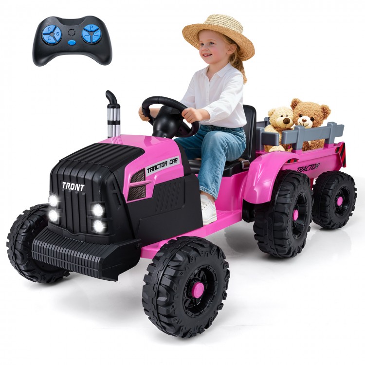 Pink 24V ride-on tractor for kids with detachable trailer, remote control, and realistic features for outdoor fun.