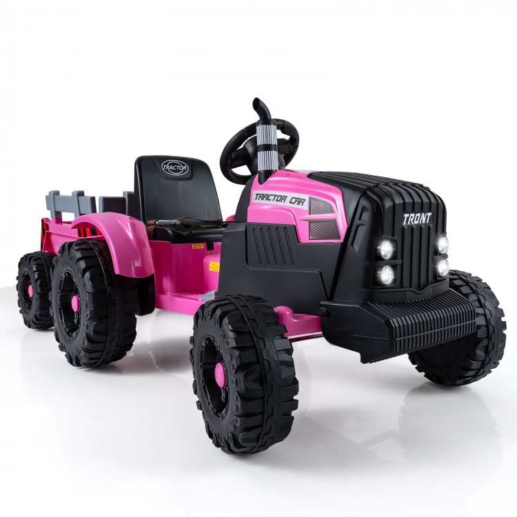 Pink 24V ride-on tractor for kids with detachable trailer, remote control, and six anti-slip wheels for outdoor fun.