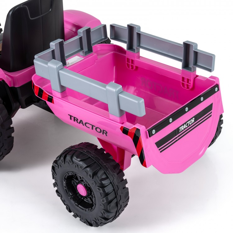 Detachable trailer of the pink 24V ride-on tractor for kids, featuring realistic details and sturdy wheels for outdoor.