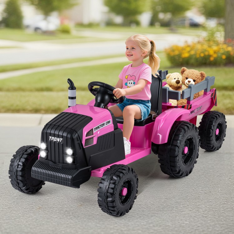 Pink 24V ride-on tractor for kids with detachable trailer, remote control, and LED headlights for outdoor fun.