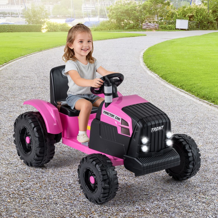 Front view of the pink 24V ride-on tractor for kids showcasing realistic engine sounds and a comfortable seat for.