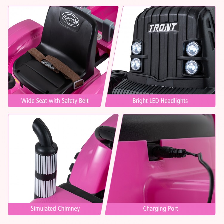 Wide seat with safety belt and bright LED headlights on the pink 24V ride-on tractor for kids, perfect for outdoor fun.
