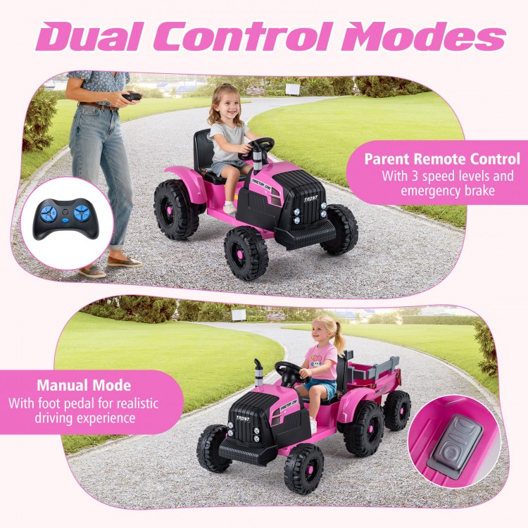 24V pink ride-on tractor for kids with detachable trailer, remote control, and manual mode for realistic driving fun.