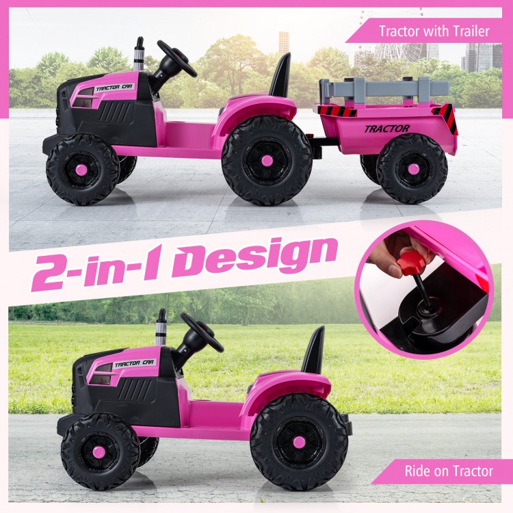 Pink 24V ride-on tractor with detachable trailer, featuring remote control and dual motors for outdoor fun.