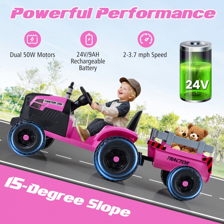 Pink 24V ride-on tractor for kids with detachable trailer, remote control, and 15-degree slope for outdoor adventures.
