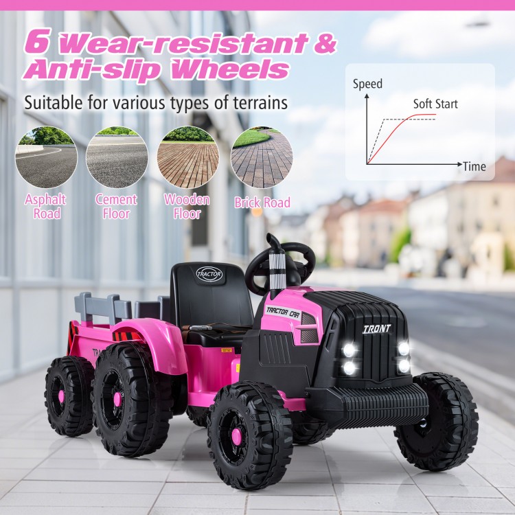 Pink 24V ride-on tractor for kids with detachable trailer, remote control, and 6 anti-slip wheels for various terrains.