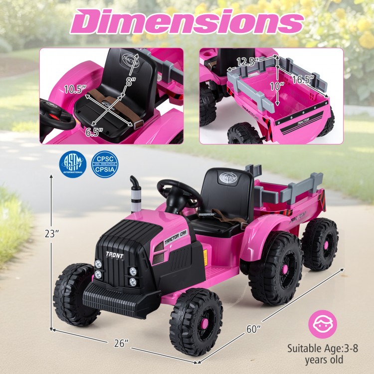 Pink 24V ride-on tractor for kids with detachable trailer, remote control, and dimensions for outdoor fun.