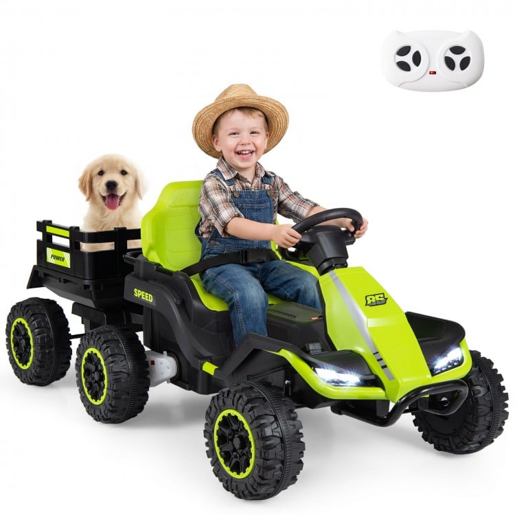 Kids ride-on tractor in green with detachable trailer, remote control, and music features for outdoor fun.