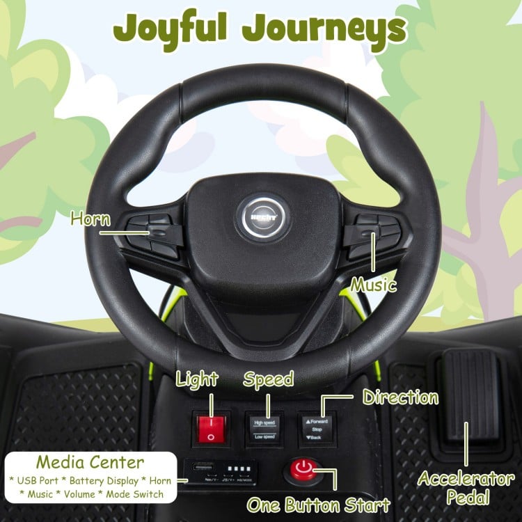 Steering wheel of the 24V Ride on Tractor featuring music controls, horn, and one-button start for kids' fun.