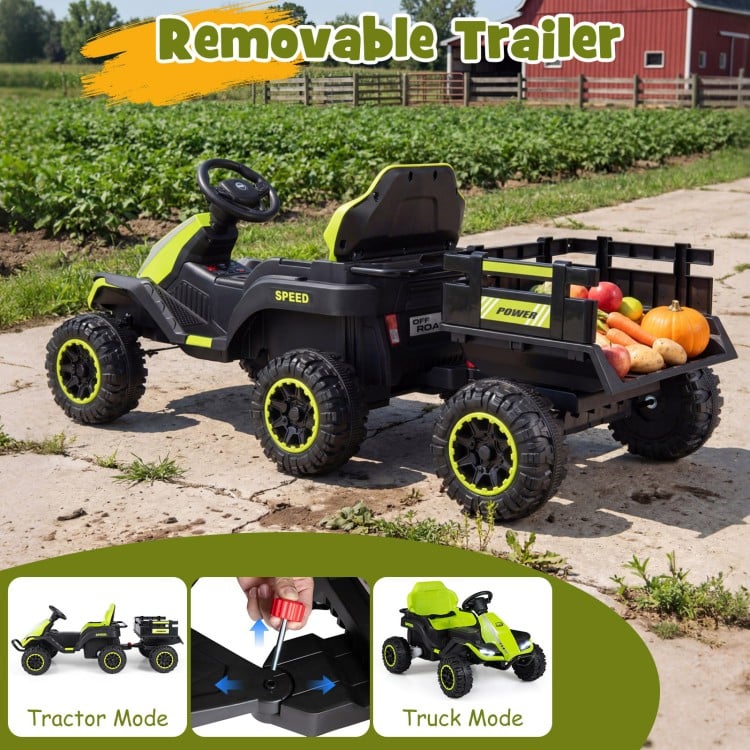 24V ride-on tractor with detachable trailer in green, featuring high-strength wheels and remote control for kids' fun.