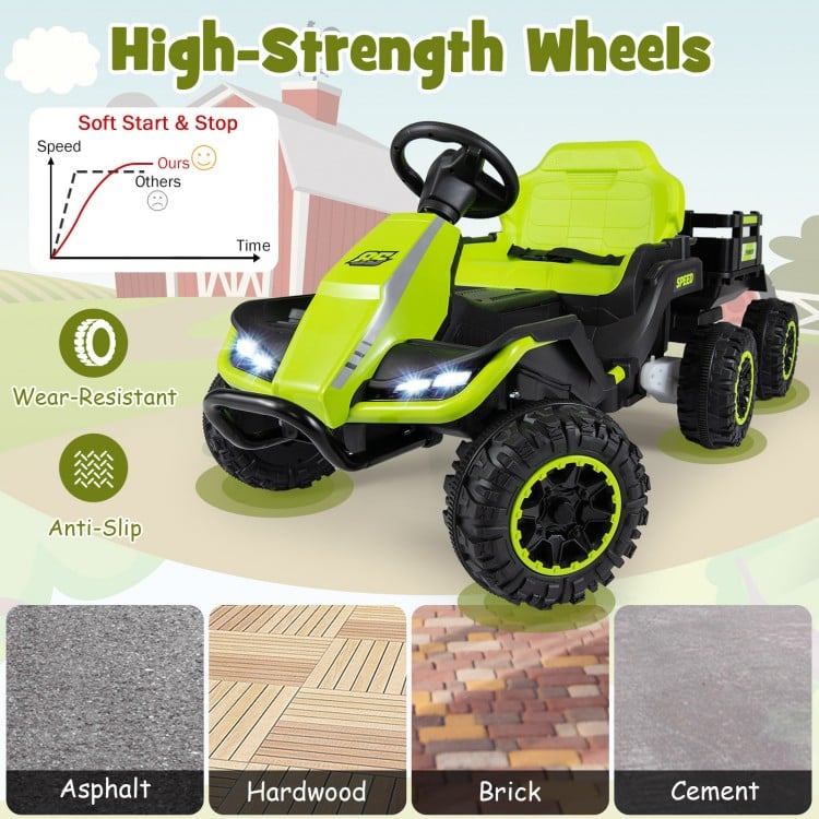 24V ride-on tractor in green with detachable trailer, high-strength wheels, and user-friendly features for kids' fun.