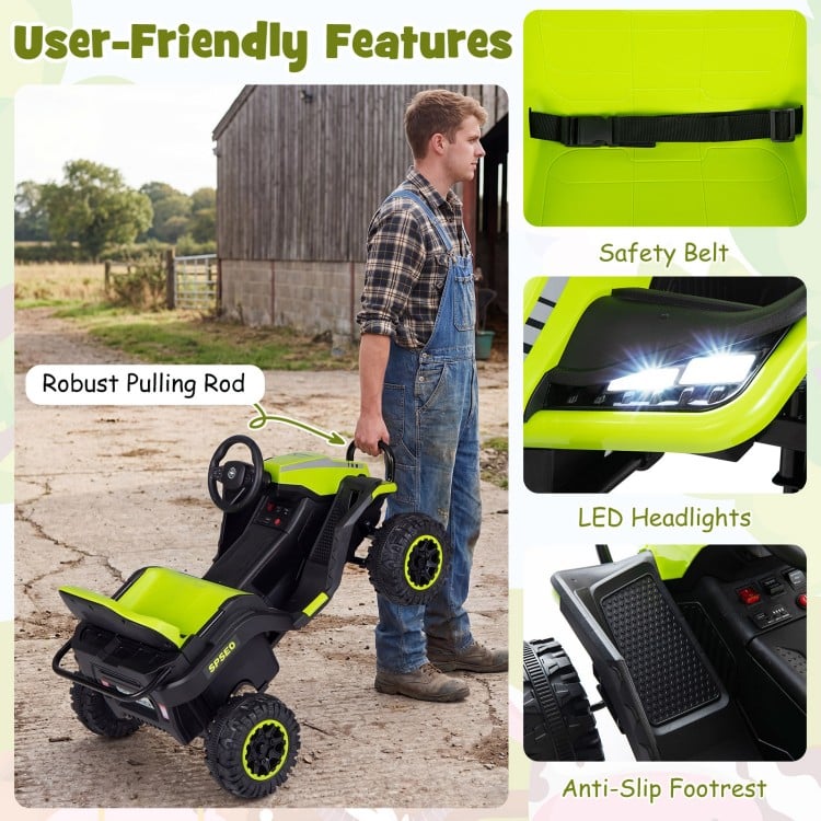 24V green ride-on tractor with detachable trailer, LED headlights, safety belt, and anti-slip footrest for kids.