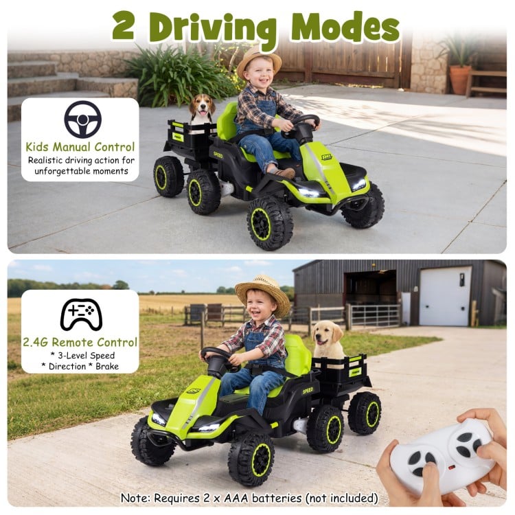 24V green ride-on tractor with detachable trailer, featuring kids manual control and 2.4G remote for fun outdoor.