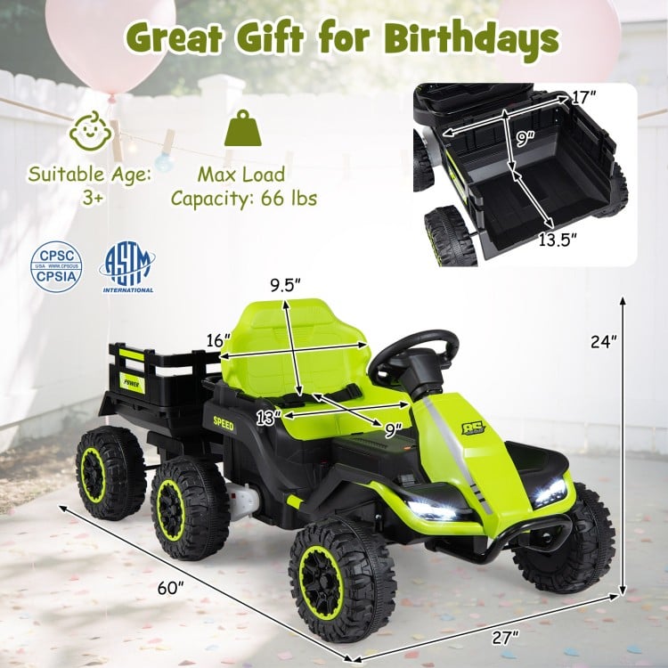 Green 24V ride-on tractor with detachable trailer, 66 lbs capacity, and music features for kids aged 3 and up.