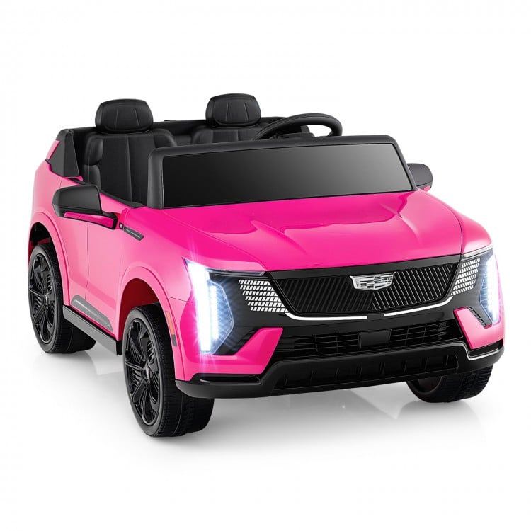 Pink 24V licensed Cadillac ride-on truck for 2 kids, featuring remote control, safety belts, and built-in entertainment.