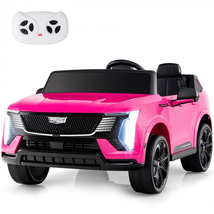 Pink licensed Cadillac ride-on truck for kids, featuring two seats, remote control, and built-in entertainment options.