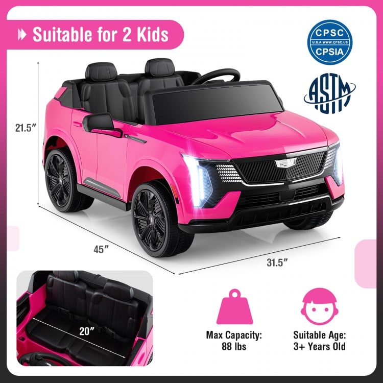 Pink 24V licensed Cadillac ride-on truck for 2 kids, featuring safety belts, remote control, and entertainment options.