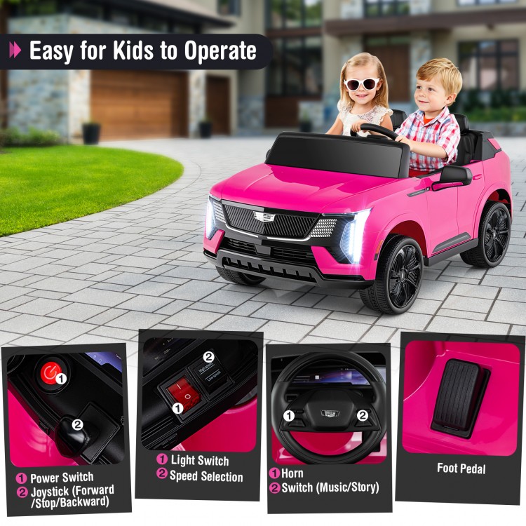 Pink 24V licensed Cadillac ride-on truck for kids, featuring joystick, foot pedal, and remote control for safe.