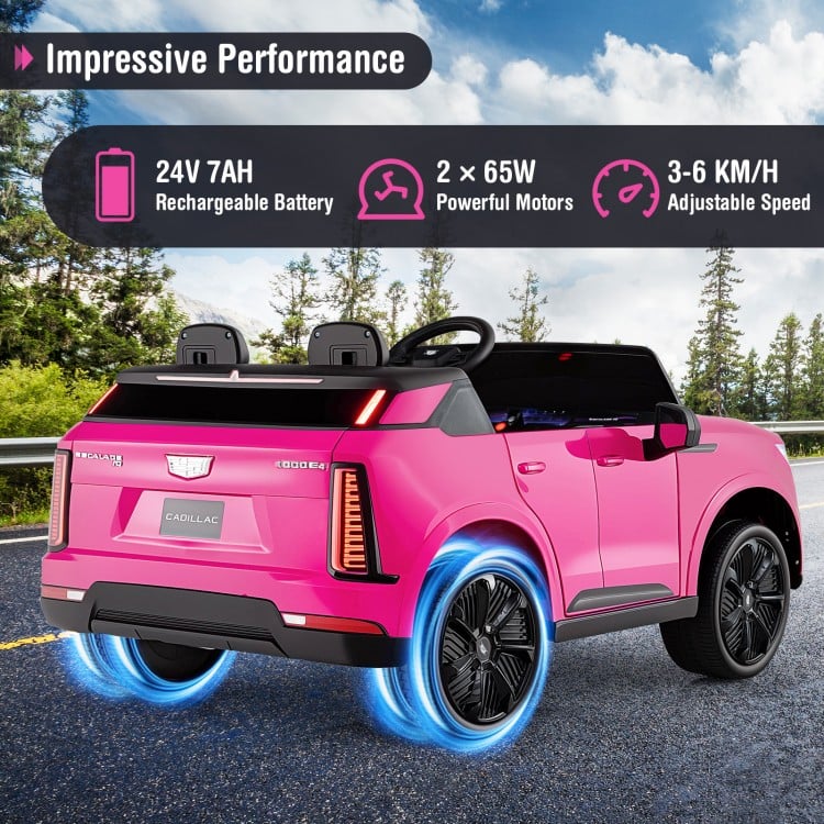 Pink 24V licensed Cadillac ride-on truck for 2 kids with remote control, featuring powerful motors and safety belts.