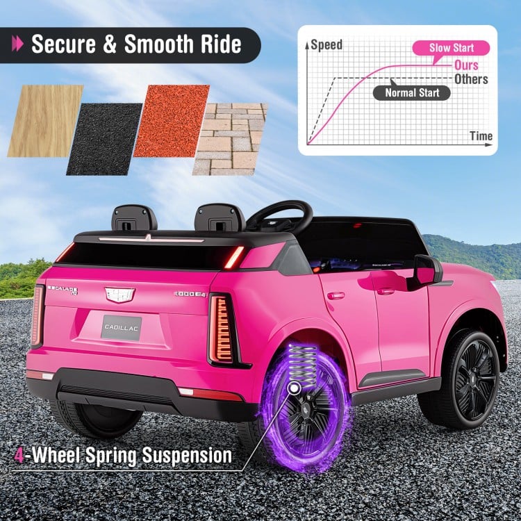 Pink licensed Cadillac 24V ride-on truck for 2 kids, featuring 4-wheel spring suspension and remote control for safety.