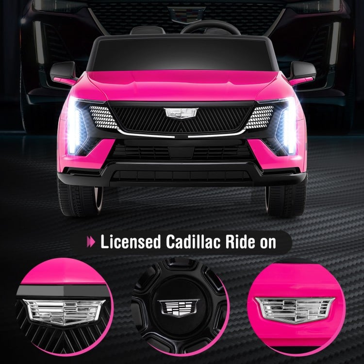 Front view of the pink licensed Cadillac ride-on truck with LED lights, designed for 2 kids and equipped with remote.