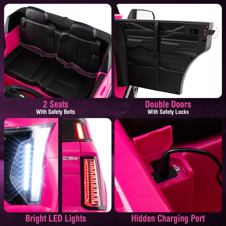 Two-seater pink licensed Cadillac ride-on truck with safety belts, double doors, LED lights, and hidden charging port.