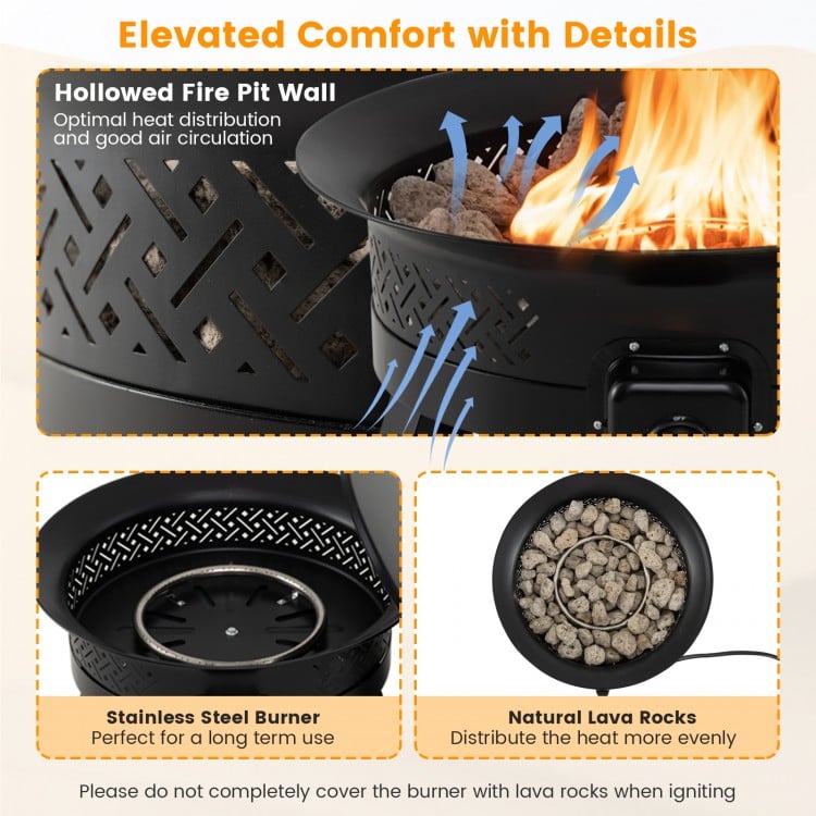 Portable 24.5-inch propane fire pit with stainless steel burner and natural lava rocks for optimal heat distribution.