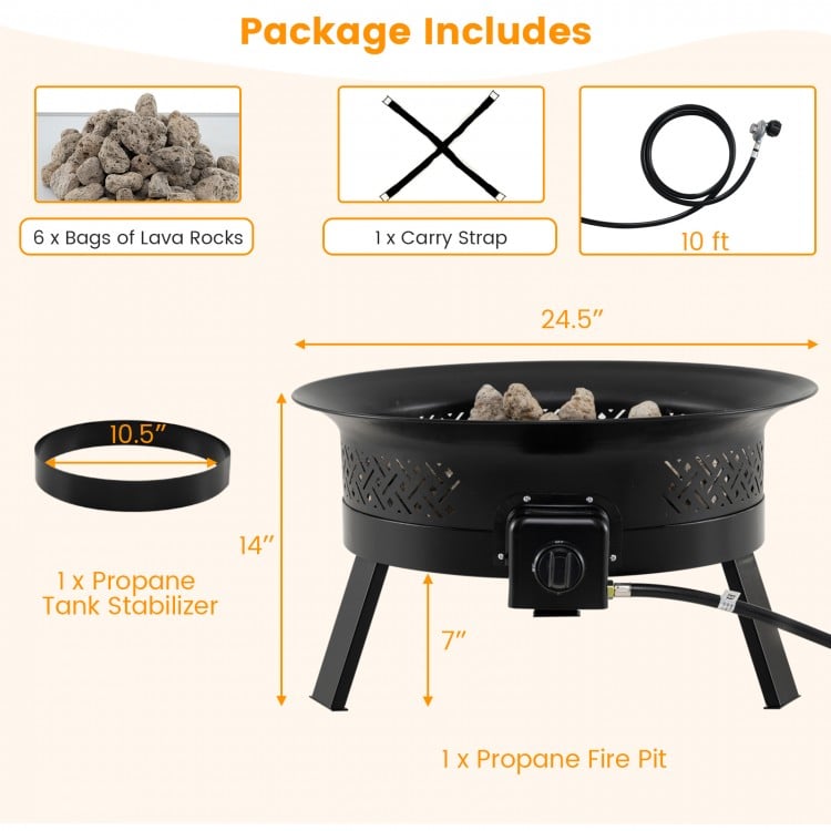 24.5-inch portable propane fire pit with lava rocks, stainless steel burner, and folding legs for easy outdoor use.
