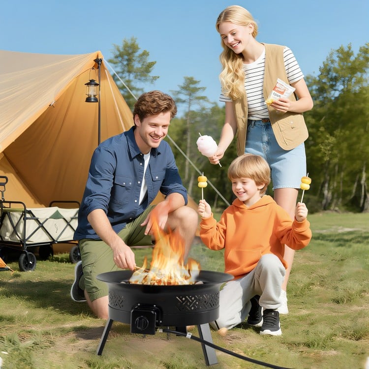 Portable 24.5-inch propane fire pit with folding legs, perfect for outdoor gatherings and easy transport.