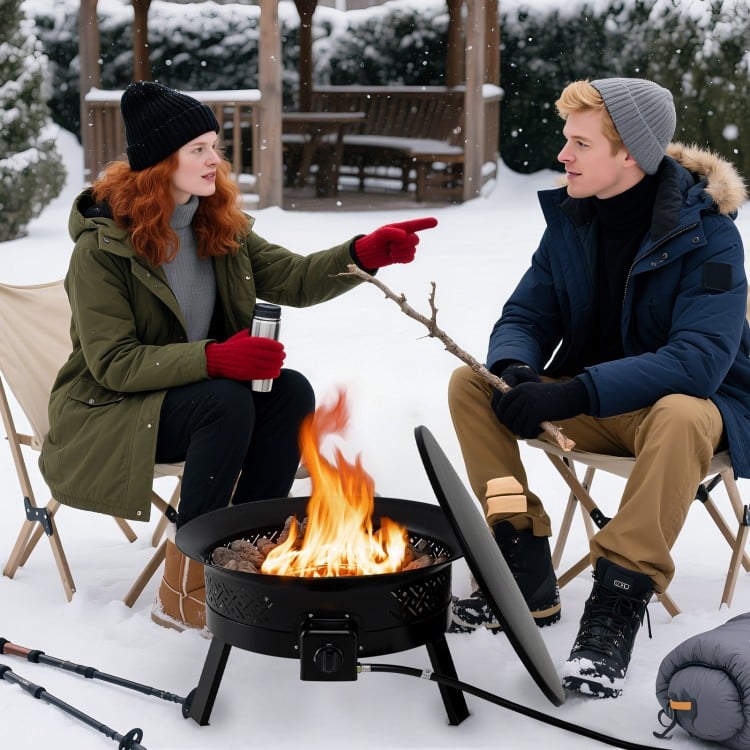 Couple enjoying warmth from a 24.5-inch portable propane fire pit with lava rocks, perfect for outdoor gatherings.
