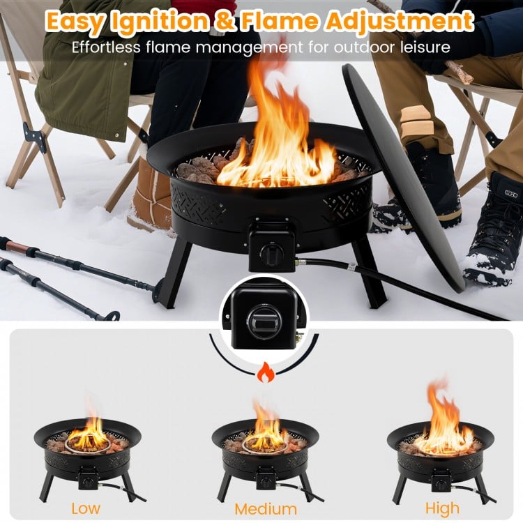 Portable 24.5-inch propane fire pit with adjustable flame control, stainless steel burner, and folding legs for easy.