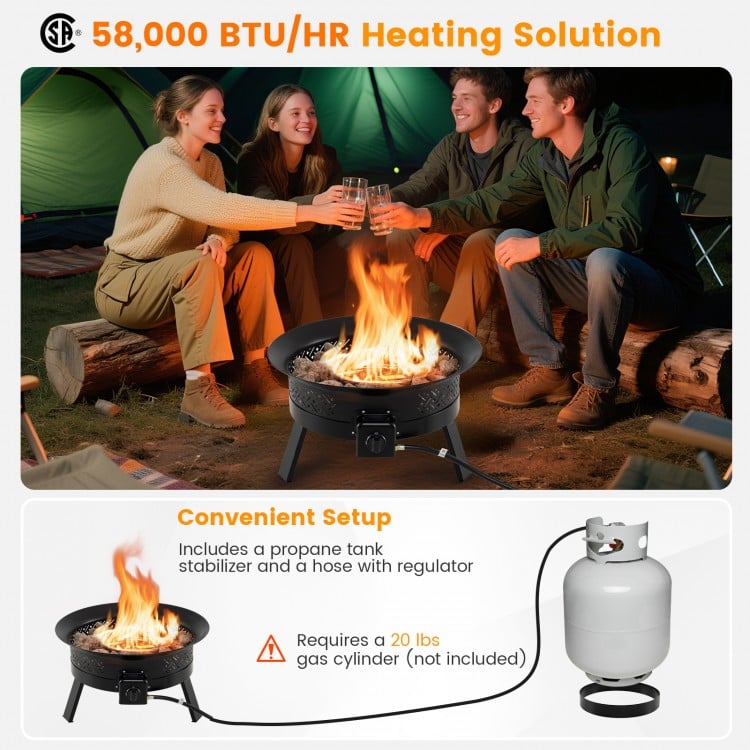 Portable 24.5-inch propane fire pit with folding legs, 58,000 BTU/hr, perfect for outdoor gatherings and easy transport.