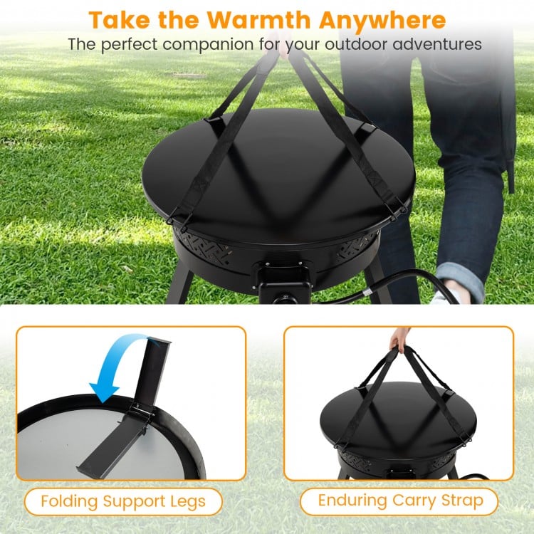 Portable 24.5-inch propane fire pit with folding legs and carry strap, perfect for outdoor gatherings and easy.