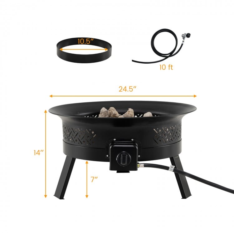 Portable 24.5-inch propane fire pit with folding legs, stainless steel burner, and natural lava rocks for outdoor.