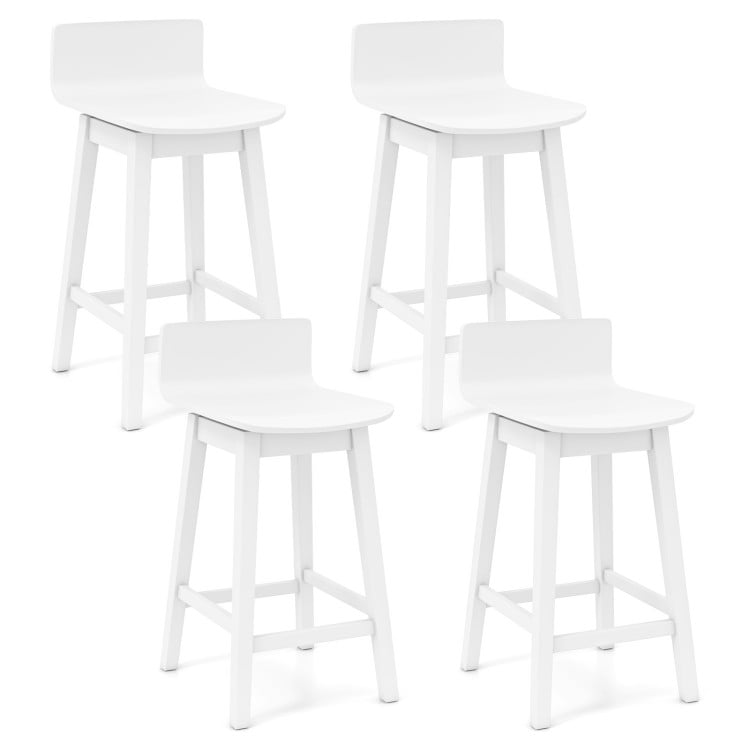 Set of 4 white 24.5-inch swivel wooden bar stools with rubber wood legs and low backs, perfect for dining or casual.