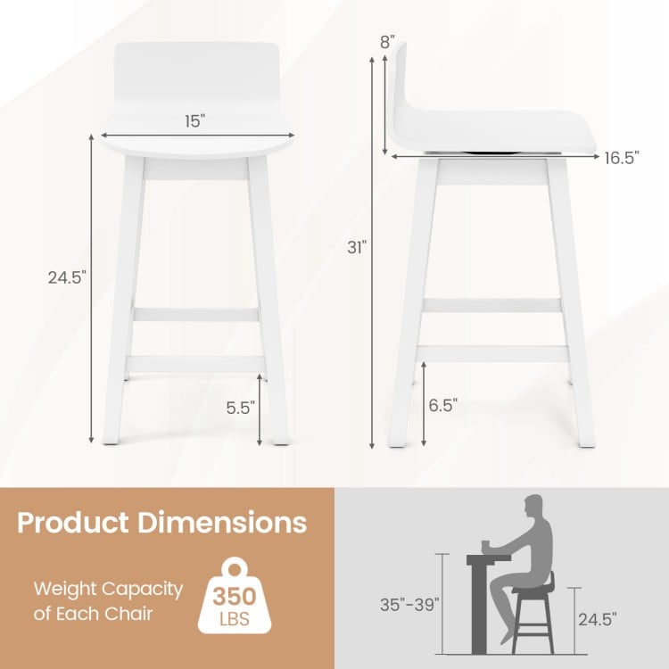 Side view of a 24.5-inch white swivel wooden bar stool with rubber wood legs, designed for comfort and stability.