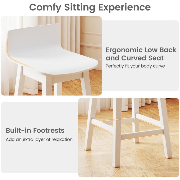 24.5-inch white swivel bar stool with ergonomic low back, curved seat, and built-in footrests for added comfort.