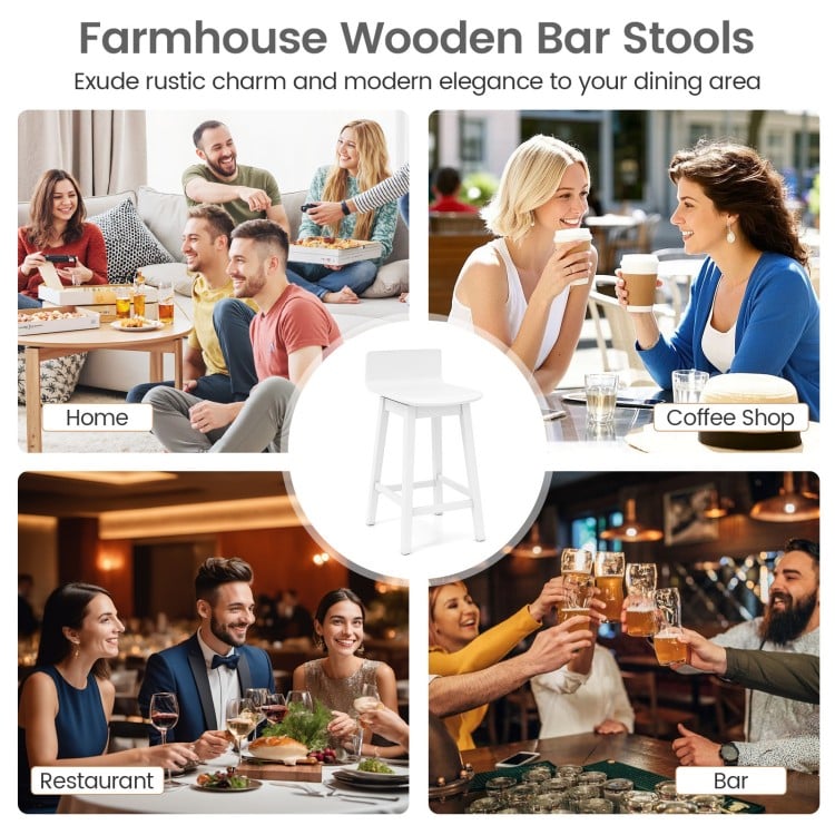 White 24.5-inch swivel wooden bar stool with rubber wood legs, ideal for home, coffee shop, or bar settings.