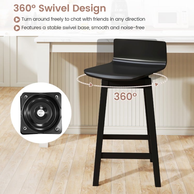 24.5-inch black swivel wooden bar stool with rubber wood legs, featuring a 360° swivel design for versatile seating.