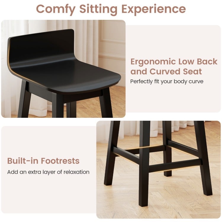 Swivel wooden bar stool with low back and curved seat, featuring rubber wood legs and built-in footrests for comfort.