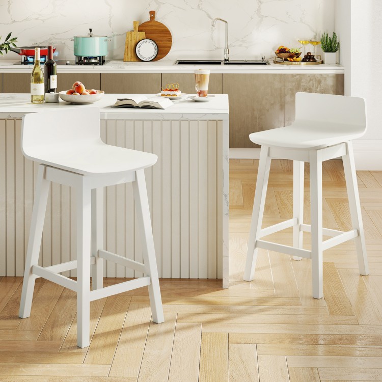 White 24.5-inch swivel wooden bar stools with rubber wood legs, featuring low backs, ideal for dining or casual.