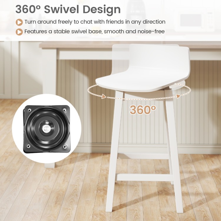 White 24.5-inch swivel bar stool with rubber wood legs, featuring a 360° swivel design for versatile seating.
