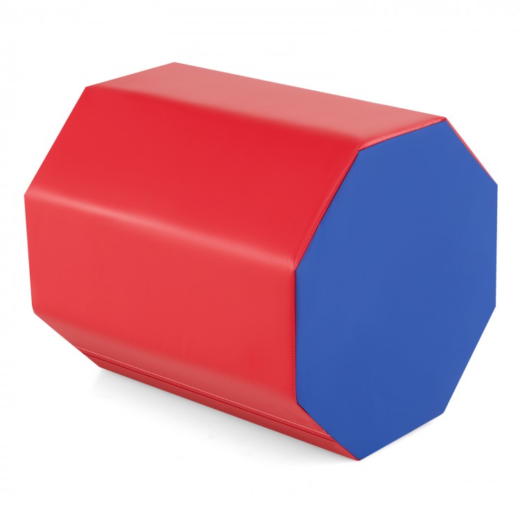 Red and blue octagon gymnastics mat with waterproof cover, ideal for training skills in gymnastics and cheerleading.