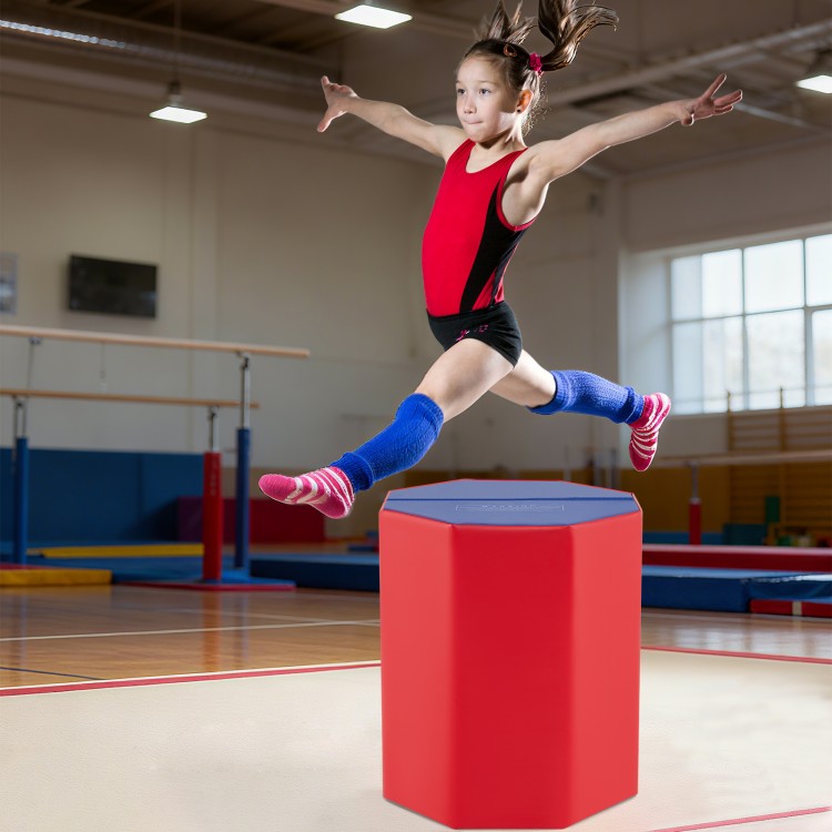 Octagon gymnastics mat in red, 24.5 inches, ideal for training skills like leaps, with waterproof cover and anti-slip.